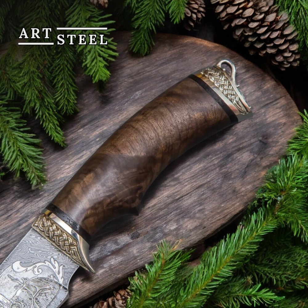 Нож Близнец из дамасской стали, рукоять ореховый кап, литьё мельхиор в интернет-магазине art-steel.ru Нож Близнец из дамасской стали, рукоять ореховый кап, литьё мельхиор в интернет-магазине art-steel.ru, фото