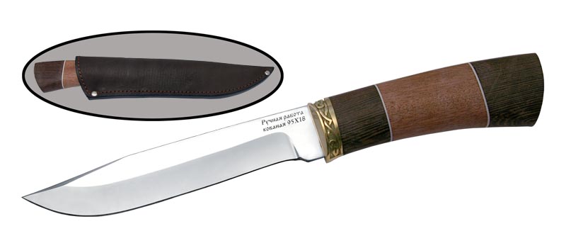 Универсальный хозяйственно-бытовой нож с кожаным чехлом РЫСЬ 2, сталь 95х18, рукоять береста, орех в интернет-магазине art-steel.ru, фото