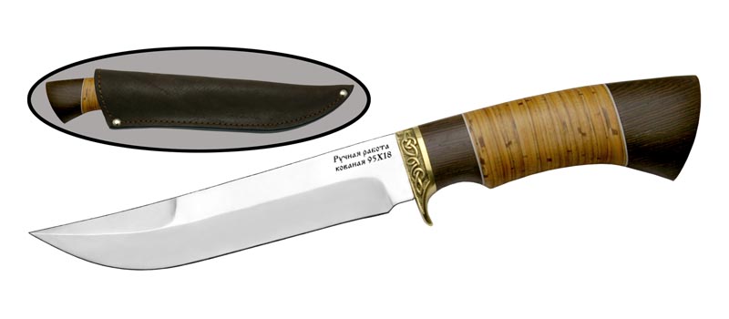 Универсальный нож хозяйственно-бытовой с кожаным чехлом АКУЛА, сталь 95х18, рукоять береста, орех в интернет-магазине art-steel.ru, фото
