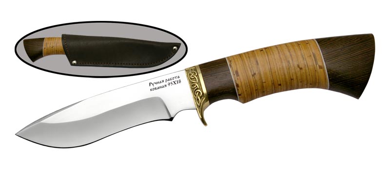 Универсальный хозяйственно-бытовой нож с кожаным чехлом ВОРОН, сталь 95х18, рукоять береста, орех в интернет-магазине art-steel.ru, фото