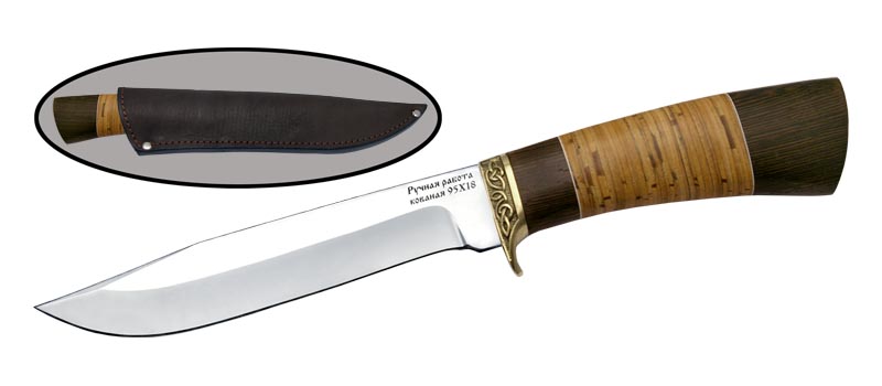 Универсальный хозяйственно-бытовой нож с кожаным чехлом РЫСЬ, сталь 95х18, рукоять береста, орех в интернет-магазине art-steel.ru, фото