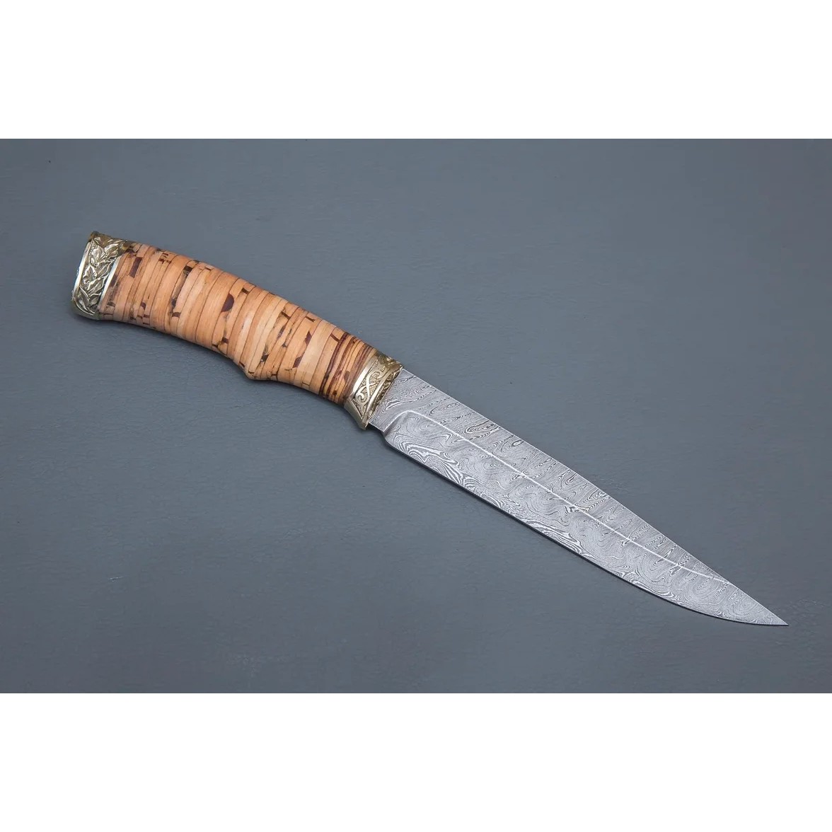 Нож Анчар из дамасской стали, рукоять береста, литьё мельхиор в интернет-магазине art-steel.ru, фото