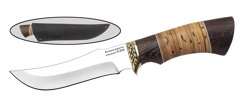 Универсальный нож с кожаным чехлом ЯКУДЗА, сталь 95х18, рукоять береста, орех в интернет-магазине art-steel.ru, фото