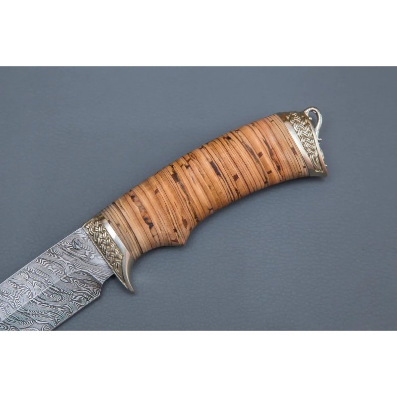 Нож Лазутчик из дамасской стали, рукоять береста, литьё мельхиор в интернет-магазине art-steel.ru, фото