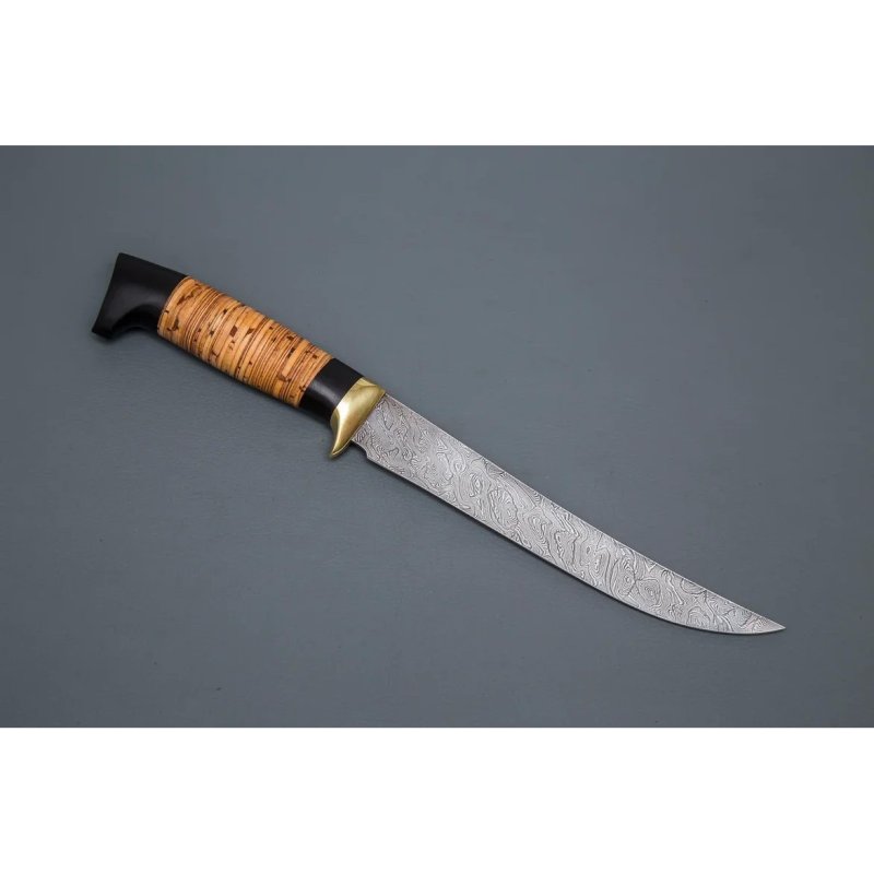 Нож Филейный большой из дамасской стали, рукоять береста, граб, литьё мельхиор в интернет-магазине art-steel.ru, фото