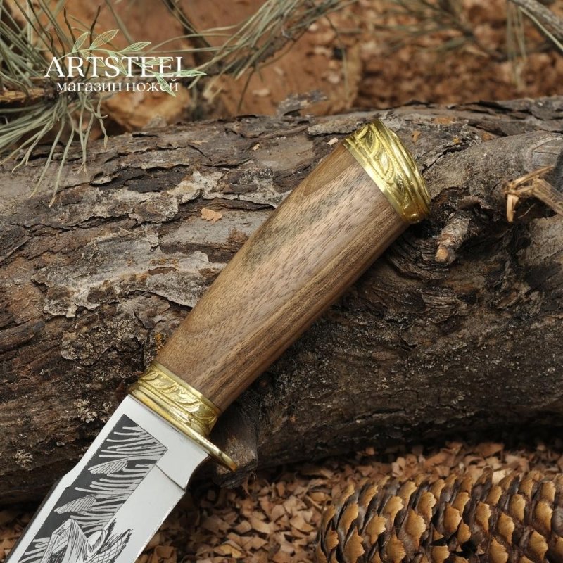 Нож Рыбак-2 AUS-8 художественно-оформленный латунь в интернет-магазине art-steel.ru, фото