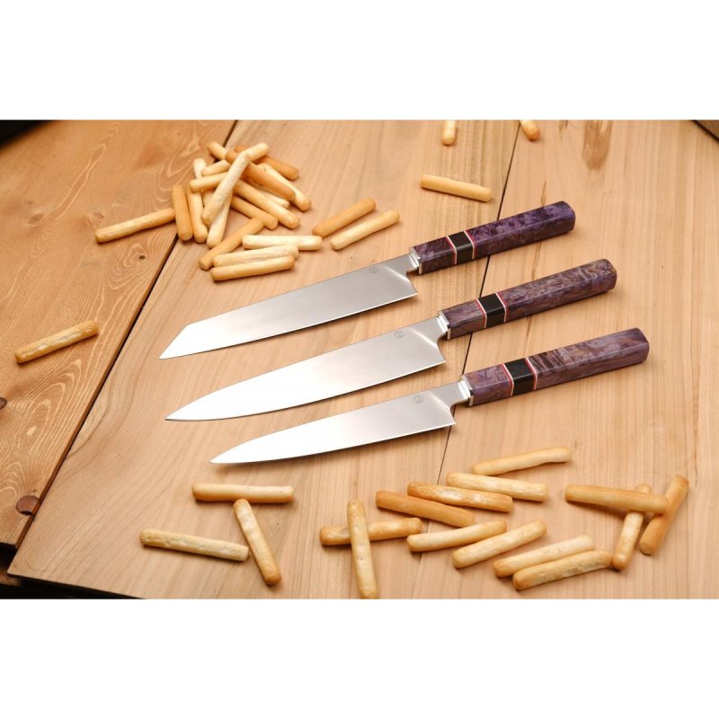 Набор кухонных ножей Идеал из стали Z160, рукоять карельская береза, G10 в интернет-магазине art-steel.ru, фото