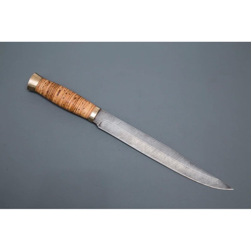 Нож Фараон из дамасской стали, рукоять береста, литьё мельхиор в интернет-магазине art-steel.ru, фото