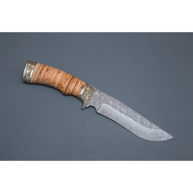 Нож Галеон из дамасской стали, рукоять береста, литьё мельхиор в интернет-магазине art-steel.ru, фото