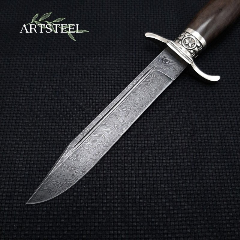 Нож Разведчик из стали дамасской стали, рукоять ореховый кап, литье мельхиор в интернет-магазине art-steel.ru, фото