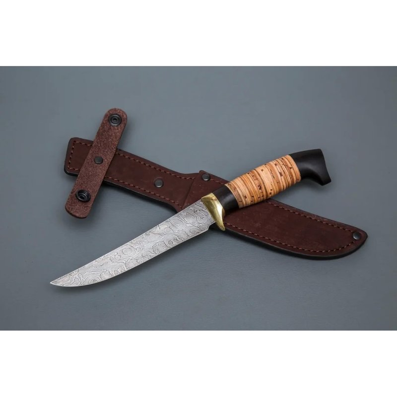 Нож Филейный средний из дамасской стали, рукоять береста, граб, литьё мельхиор в интернет-магазине art-steel.ru, фото