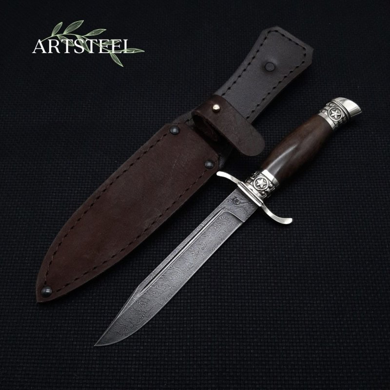 Нож Разведчик из стали дамасской стали, рукоять ореховый кап, литье мельхиор в интернет-магазине art-steel.ru, фото