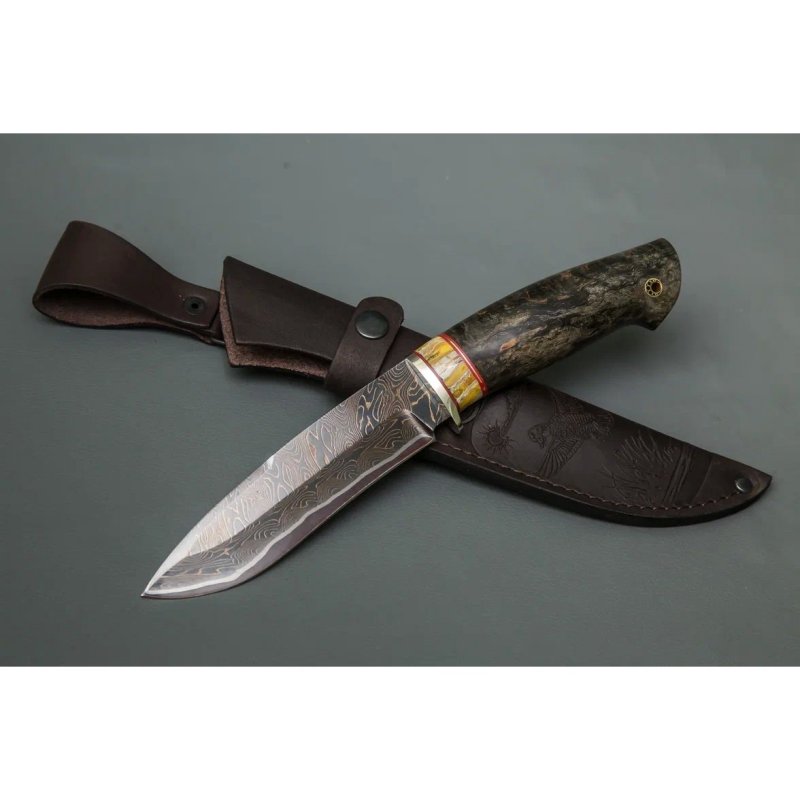 Нож Скиф из стали ламинированной стали, рукоять карельская береза, литье мельхиор в интернет-магазине art-steel.ru, фото