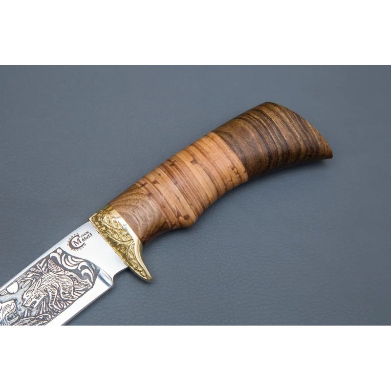 Нож Лазутчик, сталь 65Х13, рукоять береста, орех, латуннное литьё в интернет-магазине art-steel.ru, фото