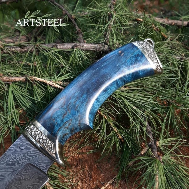 Нож Скиф из дамасской стали, рукоять карельская береза, литьё мельхиор в интернет-магазине art-steel.ru, фото
