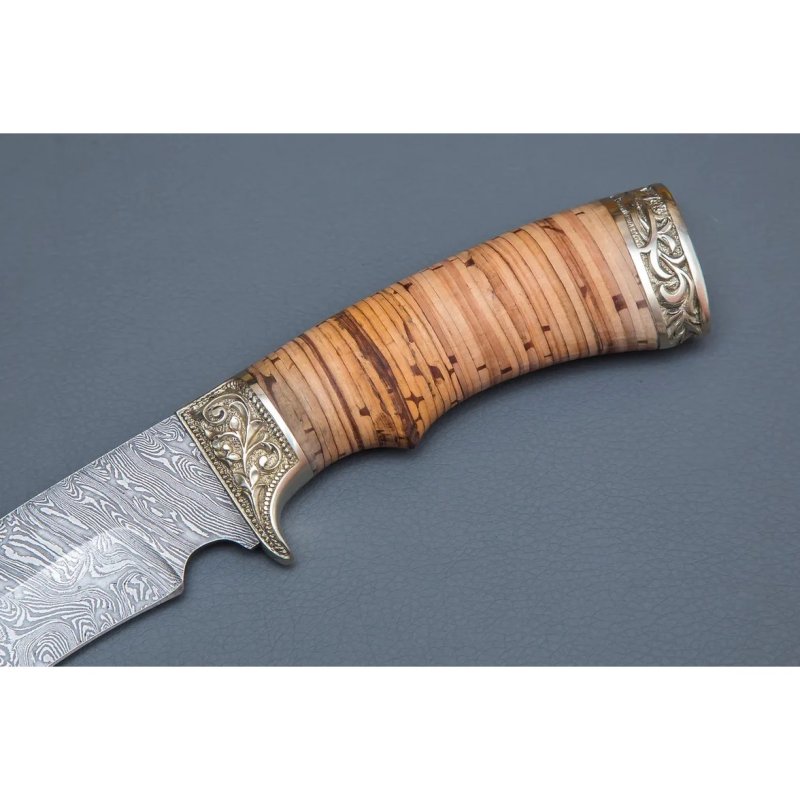 Нож Галеон из дамасской стали, рукоять береста, литьё мельхиор в интернет-магазине art-steel.ru, фото