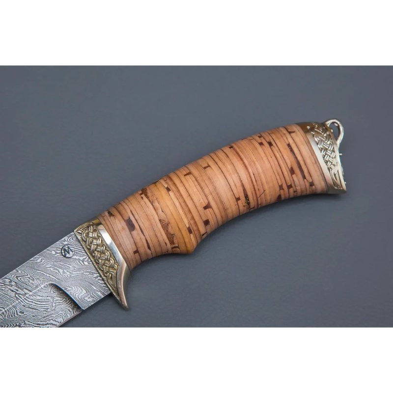 Нож Егерь из дамасской стали, рукоять береста, литьё мельхиор в интернет-магазине art-steel.ru, фото
