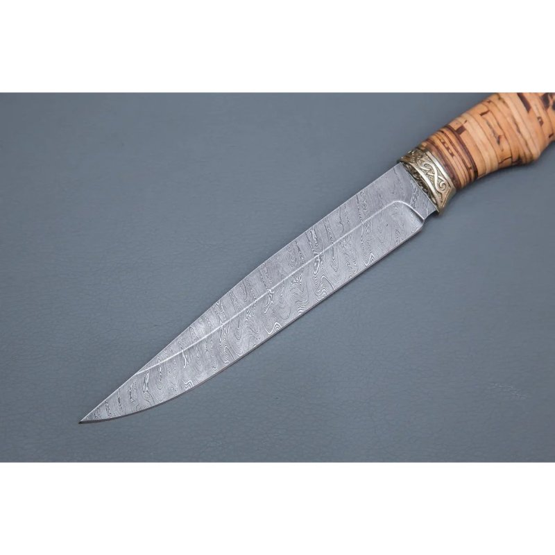 Нож Анчар из дамасской стали, рукоять береста, литьё мельхиор в интернет-магазине art-steel.ru, фото