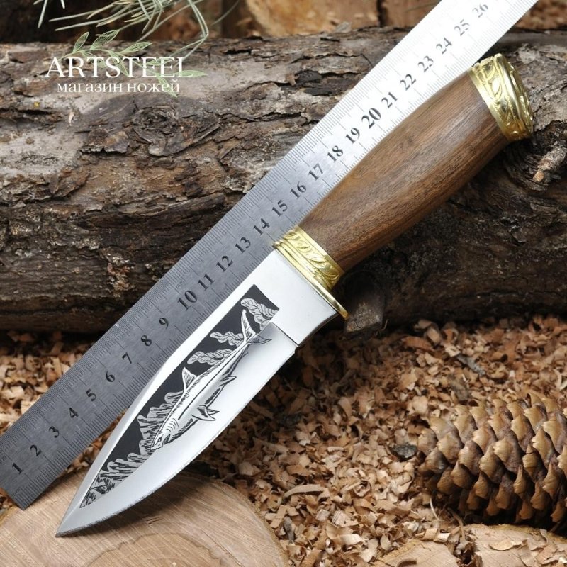 Нож Акула-2 AUS-8 дерево с латунной гардой и навершием в интернет-магазине art-steel.ru, фото