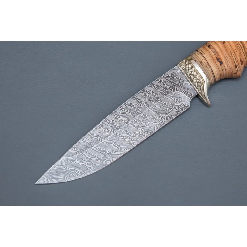 Нож Лазутчик из дамасской стали, рукоять береста, литьё мельхиор в интернет-магазине art-steel.ru, фото