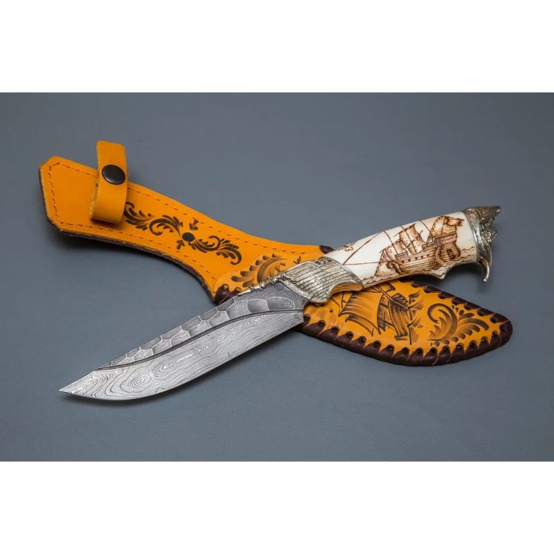 Нож Путник из дамасской стали, рукоять из кости, литье мельхиор в интернет-магазине art-steel.ru, фото