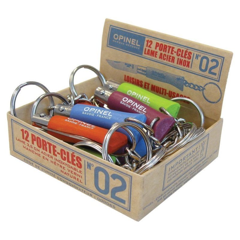 Набор-дисплей 12 шт: нож-брелок Opinel №2, нержавеющая сталь, голубой/оранжевый/зеленый/фиолетовый в интернет-магазине art-steel.ru, фото