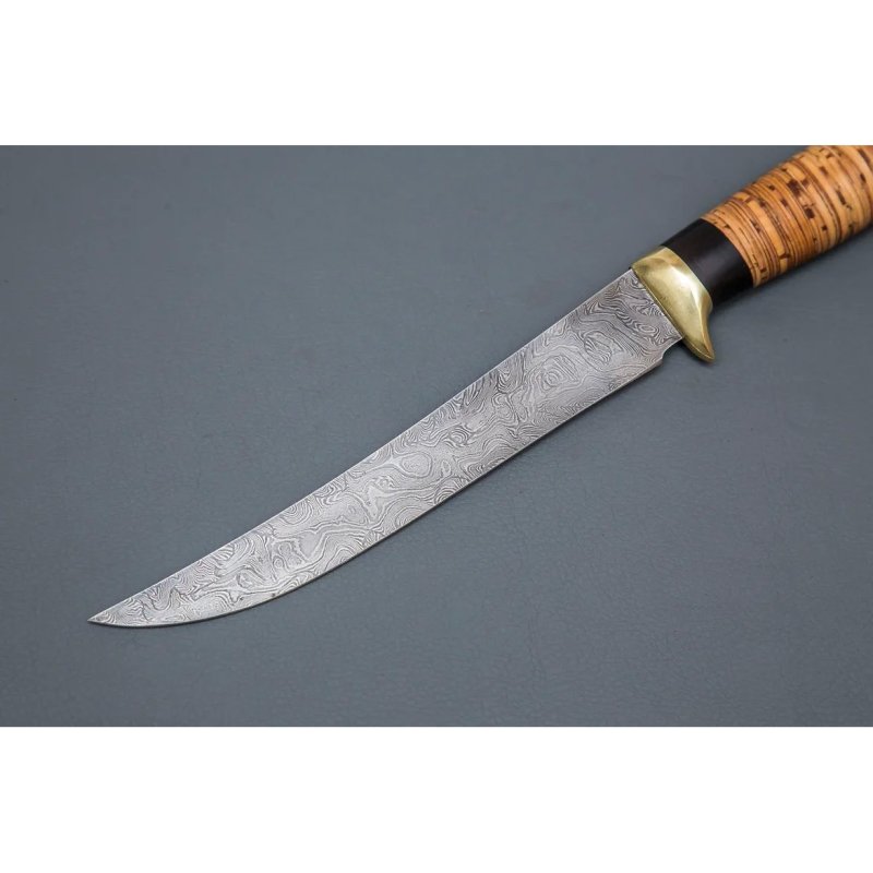 Нож Филейный большой из дамасской стали, рукоять береста, граб, литьё мельхиор в интернет-магазине art-steel.ru, фото