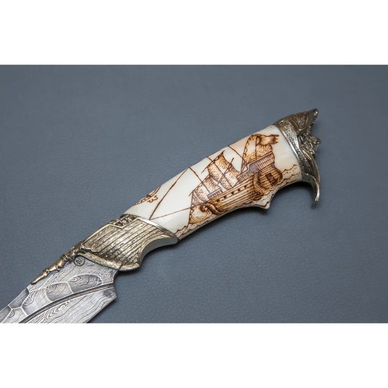 Нож Путник из дамасской стали, рукоять из кости, литье мельхиор в интернет-магазине art-steel.ru, фото
