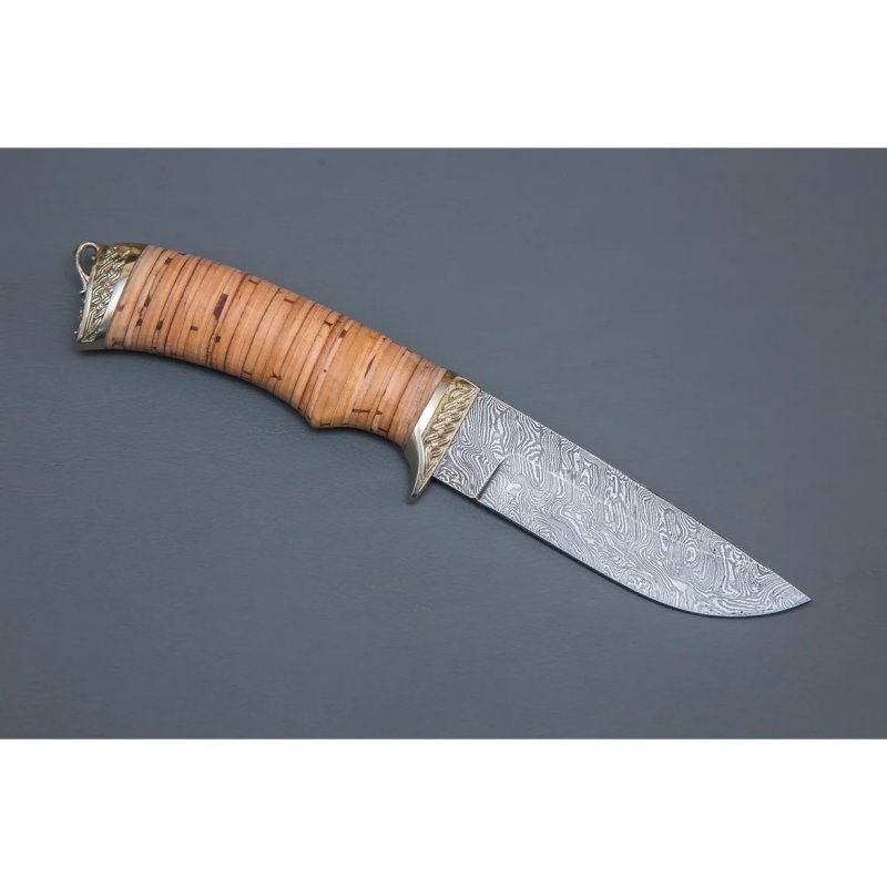 Нож Егерь из дамасской стали, рукоять береста, литьё мельхиор в интернет-магазине art-steel.ru, фото