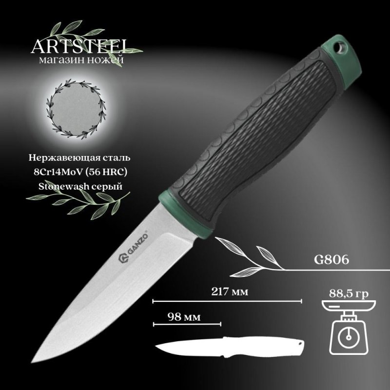 Нож Ganzo G806-GB, сталь 8Cr14MoV, рукоять полипропилен, резина в интернет-магазине art-steel.ru, фото