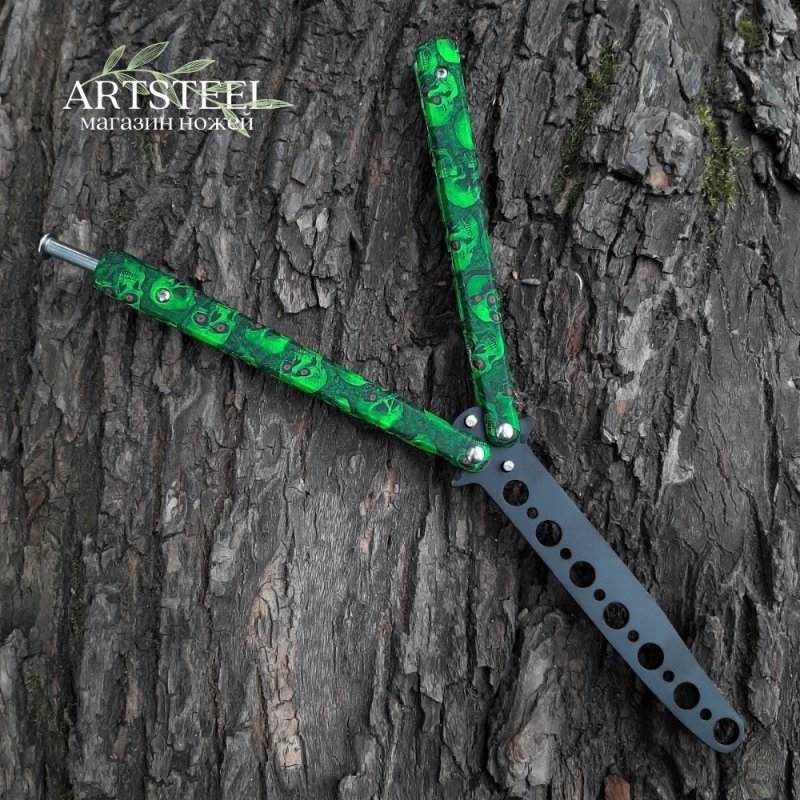 Нож бабочка тренировочный Green Skull в интернет-магазине art-steel.ru, фото
