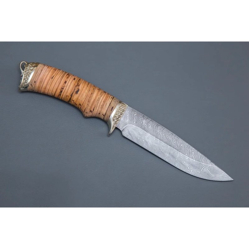 Нож Лазутчик из дамасской стали, рукоять береста, литьё мельхиор в интернет-магазине art-steel.ru, фото