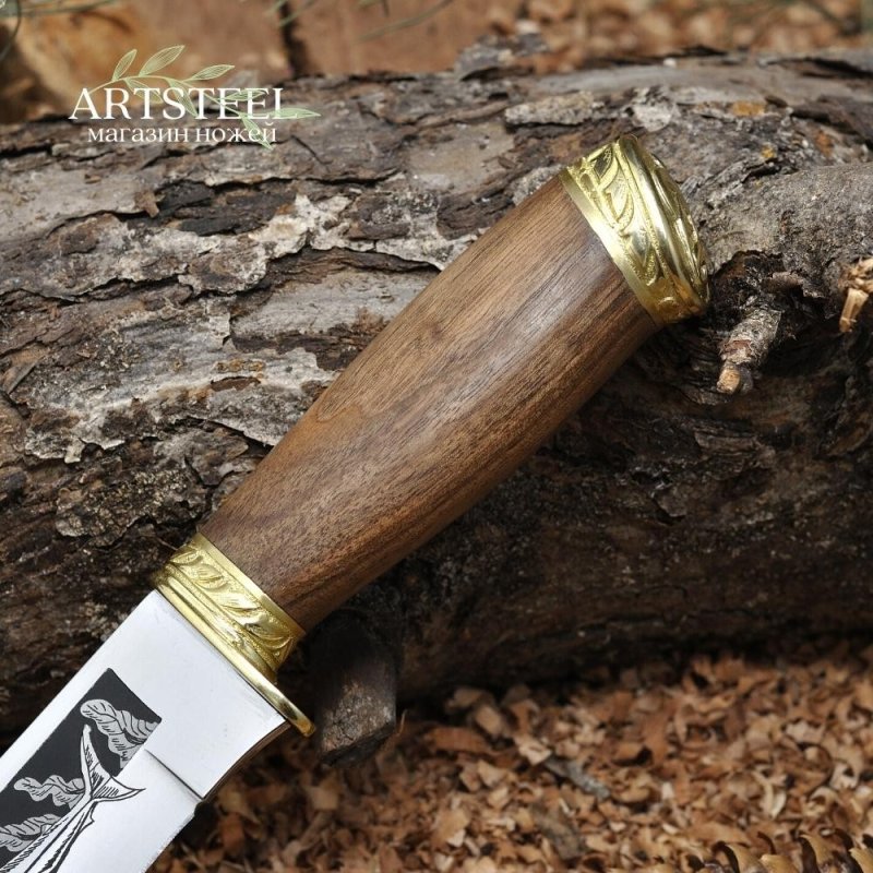 Нож Акула-2 AUS-8 дерево с латунной гардой и навершием в интернет-магазине art-steel.ru, фото