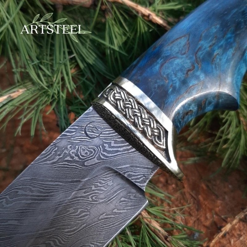 Нож Скиф из дамасской стали, рукоять карельская береза, литьё мельхиор в интернет-магазине art-steel.ru, фото