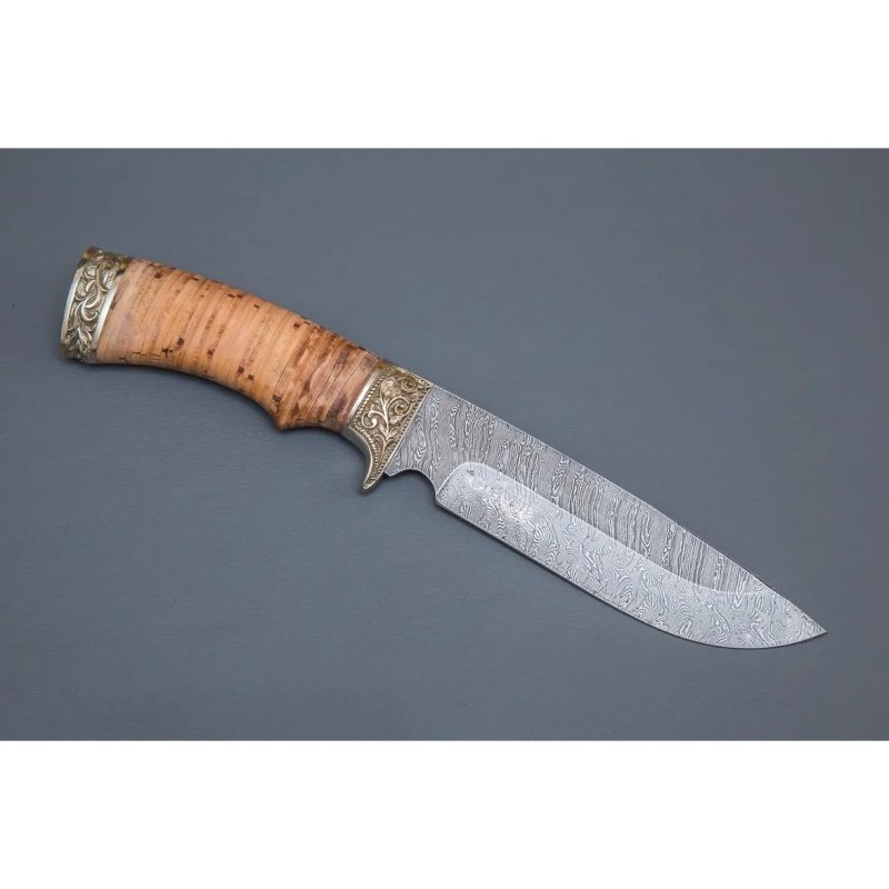 Нож Лорд из дамасской стали, рукоять береста, литьё мельхиор в интернет-магазине art-steel.ru, фото