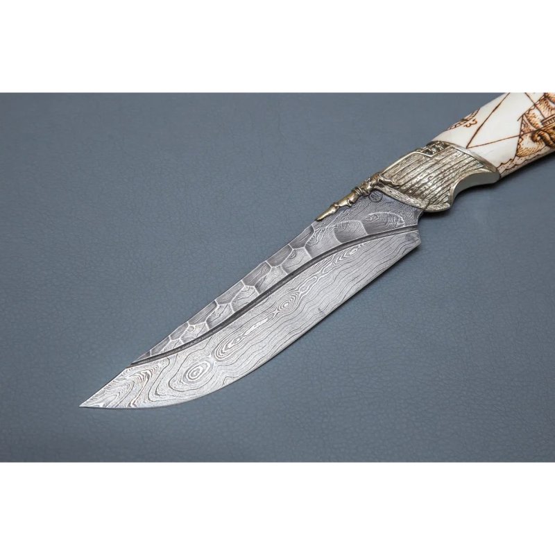 Нож Путник из дамасской стали, рукоять из кости, литье мельхиор в интернет-магазине art-steel.ru, фото