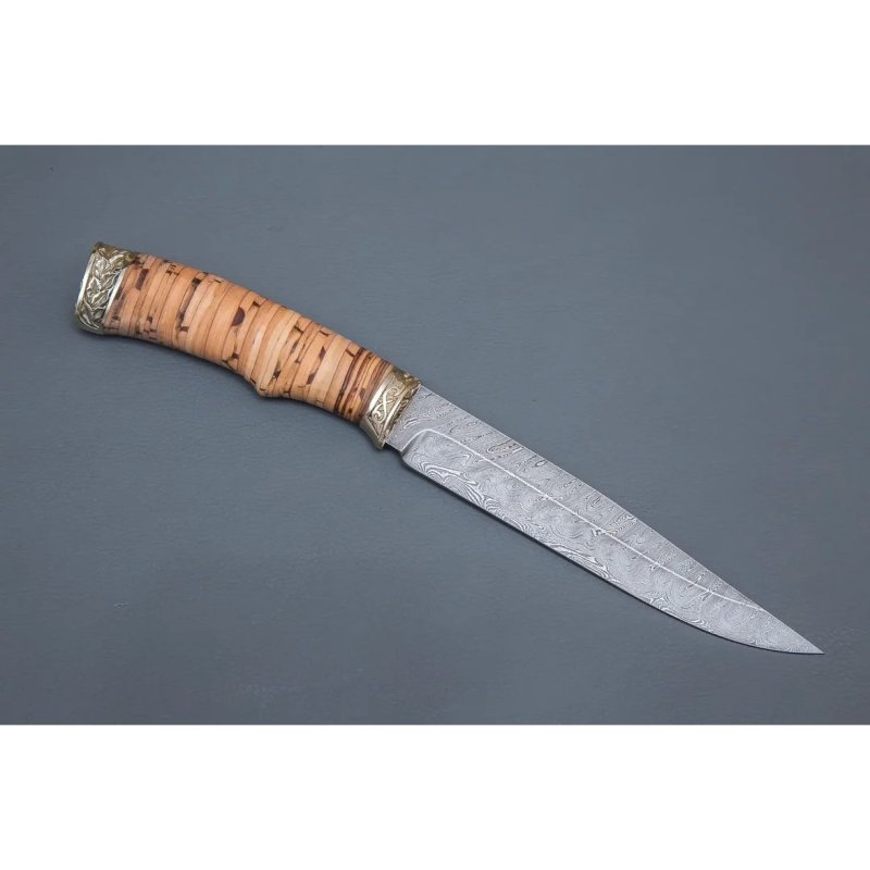 Нож Анчар из дамасской стали, рукоять береста, литьё мельхиор в интернет-магазине art-steel.ru, фото