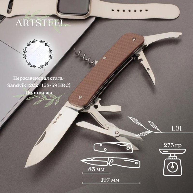 Многофункциональный нож Ruike, сталь Sandvik 12C27, рукоять G10 в интернет-магазине art-steel.ru, фото