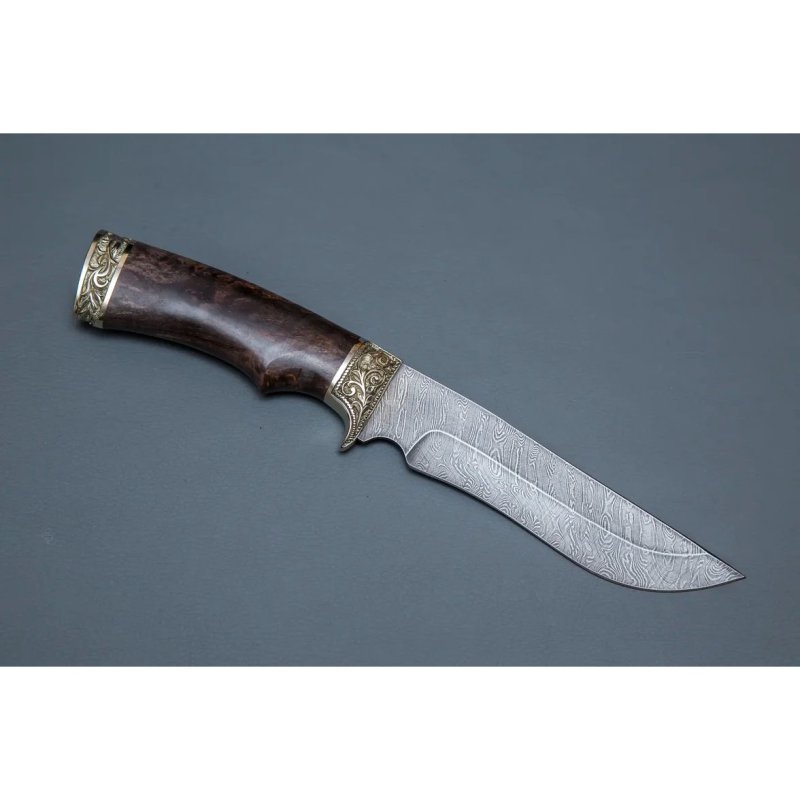 Нож Галеон из дамасской стали, рукоять карельская береза, литьё мельхиор в интернет-магазине art-steel.ru, фото